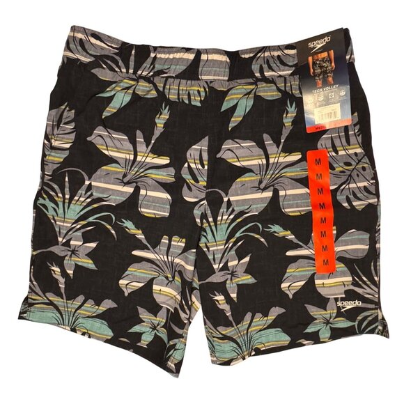 Mens Medium Speedo Tropical Black Floral Swim Board Shorts Surf Tech Volley - Picture 1 of 9